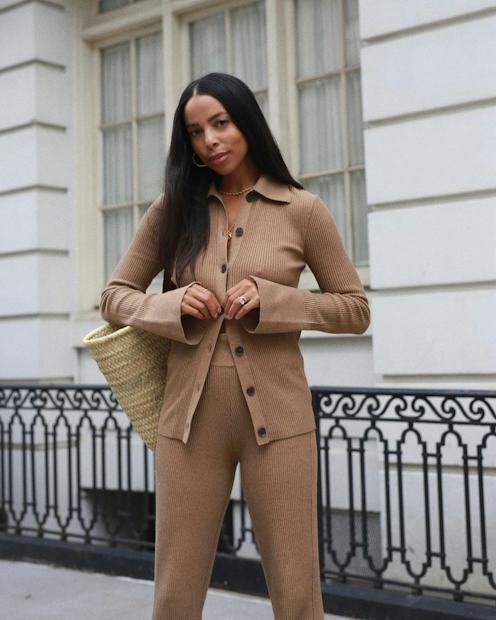 Camel Ribbed Knit Collared Top and Fitted Pants — Knit Set Outfits