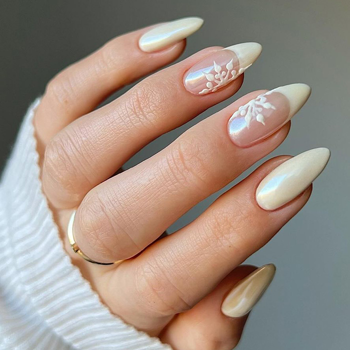 Creamy Pearlescent Snowflake Almonds Creamy Pearlescent Snowflake Almonds — Winter Dip Powder Nails
