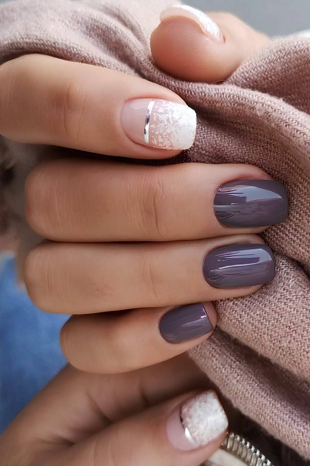 Deep Grey-Purple With White Lace Accents Deep Grey-Purple With White Lace Accents — Minimalist Winter Nails