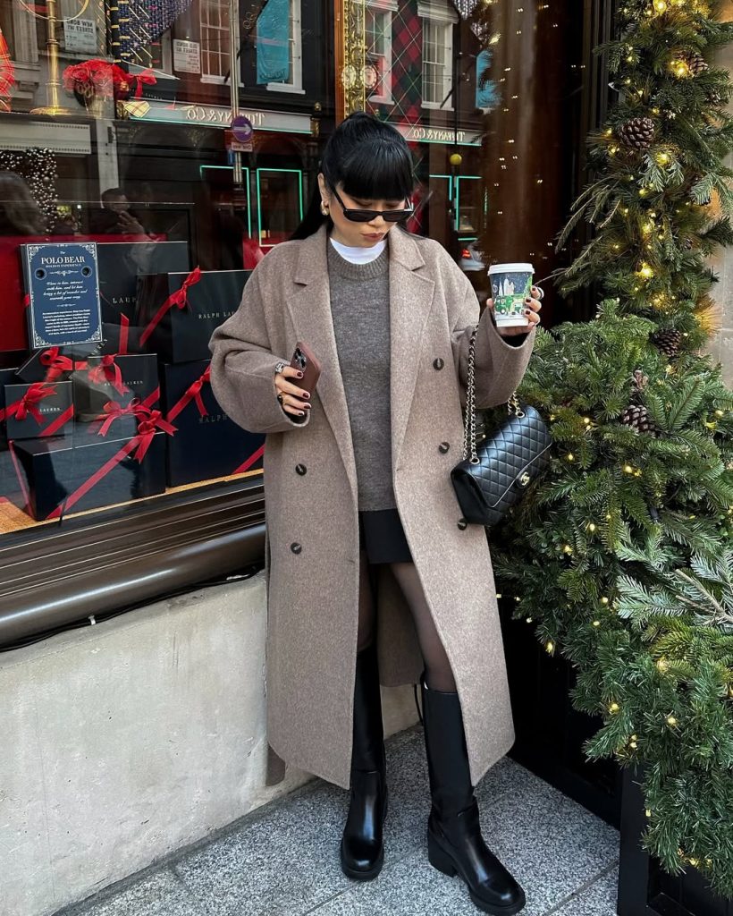 Taupe Wool Coat Over Grey Sweater and Mini Skirt Taupe Wool Coat Over Grey Sweater and Mini Skirt — Old Money Winter Outfits