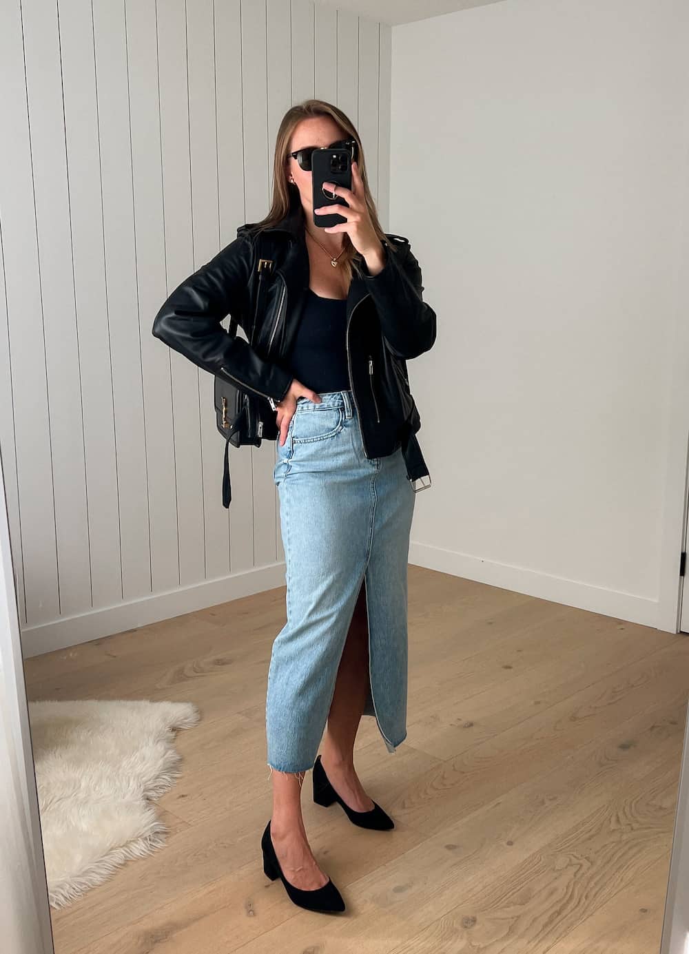 Leather Moto Jacket and Denim Midi Skirt: Edgy Concert Style Leather Moto Jacket and Denim Midi Skirt: Edgy Concert Style — Winter Concert Outfits