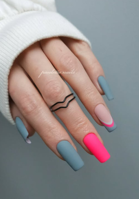 Matte Grey With Pink French and Neon Matte Grey With Pink French and Neon — Winter Matte Nails