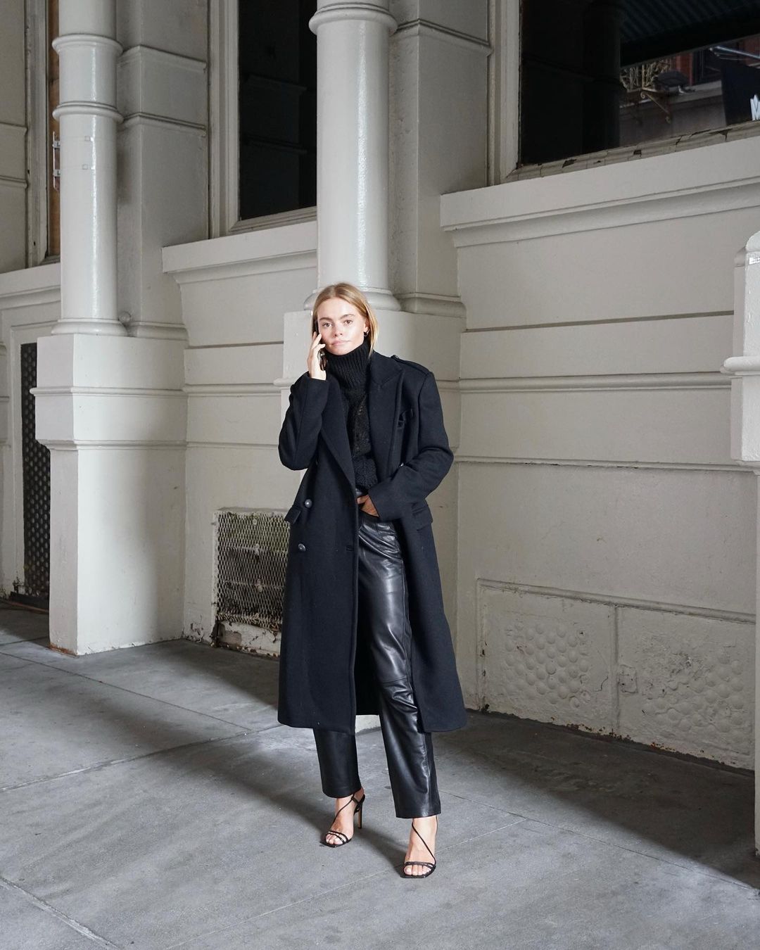 Leather Trousers with Belted Coat for Chic Evening Leather Trousers with Belted Coat for Chic Evening — All Black Winter Outfits