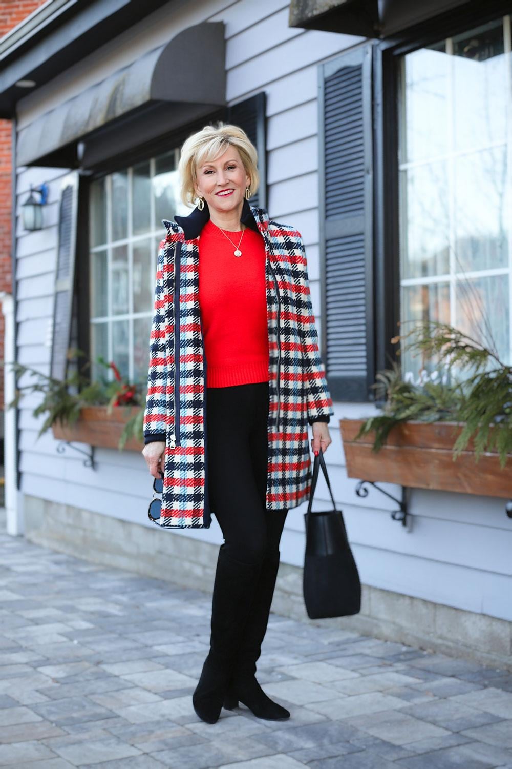 Plaid Coat Over Red Sweater for a Colorful Winter Ensemble Plaid Coat Over Red Sweater for a Colorful Winter Ensemble — Colorful Winter Outfits