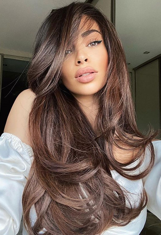 Mid-Back Blowout Side-Swept Bangs — Dark Chocolate Brown Hair