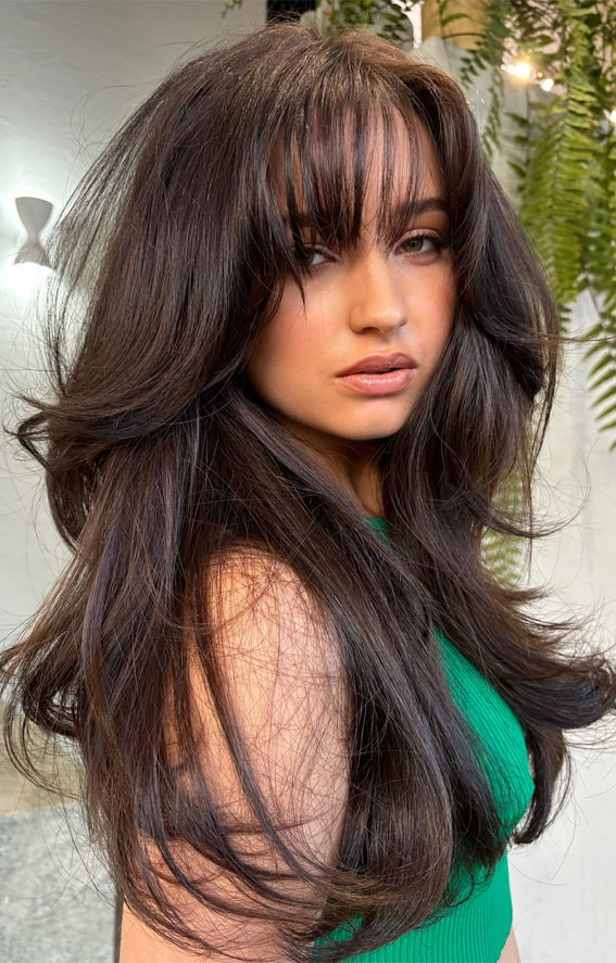 Espresso With Wispy Bangs And Layers Espresso With Wispy Bangs And Layers — Espresso Brown Hair