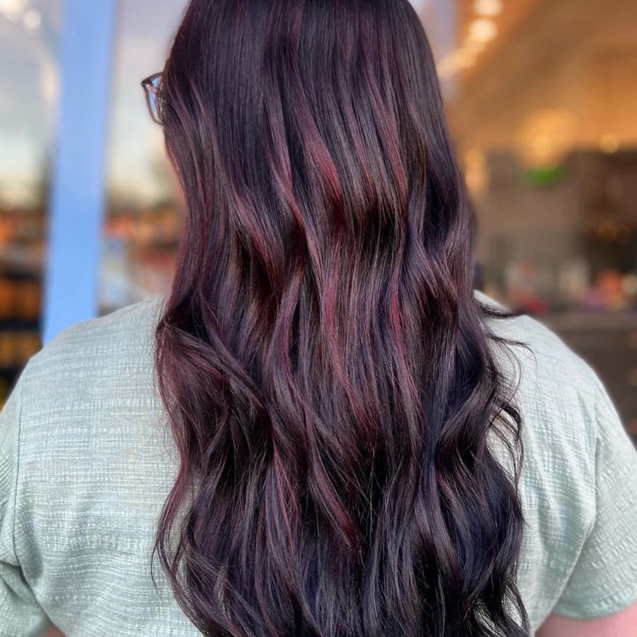 Long Layers Mid-Back Dark Plum With Red Highlights — Plum Hair Color