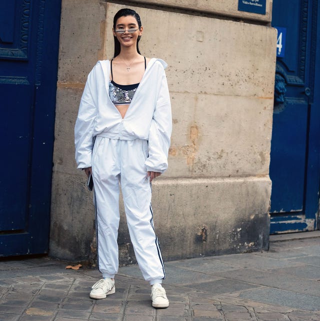 White Tracksuit with Sequined Sports Bra Detail — Winter Athleisure Outfits