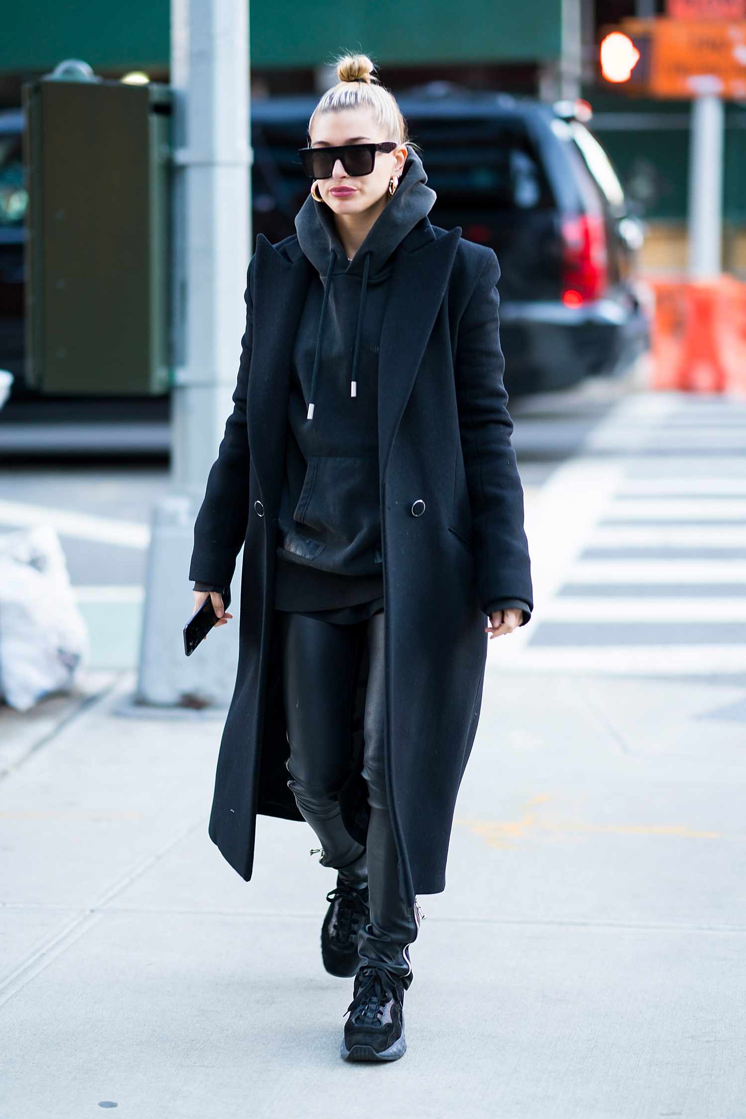 Long Black Coat Over Hoodie and Leather Pants — Black Coat Outfits