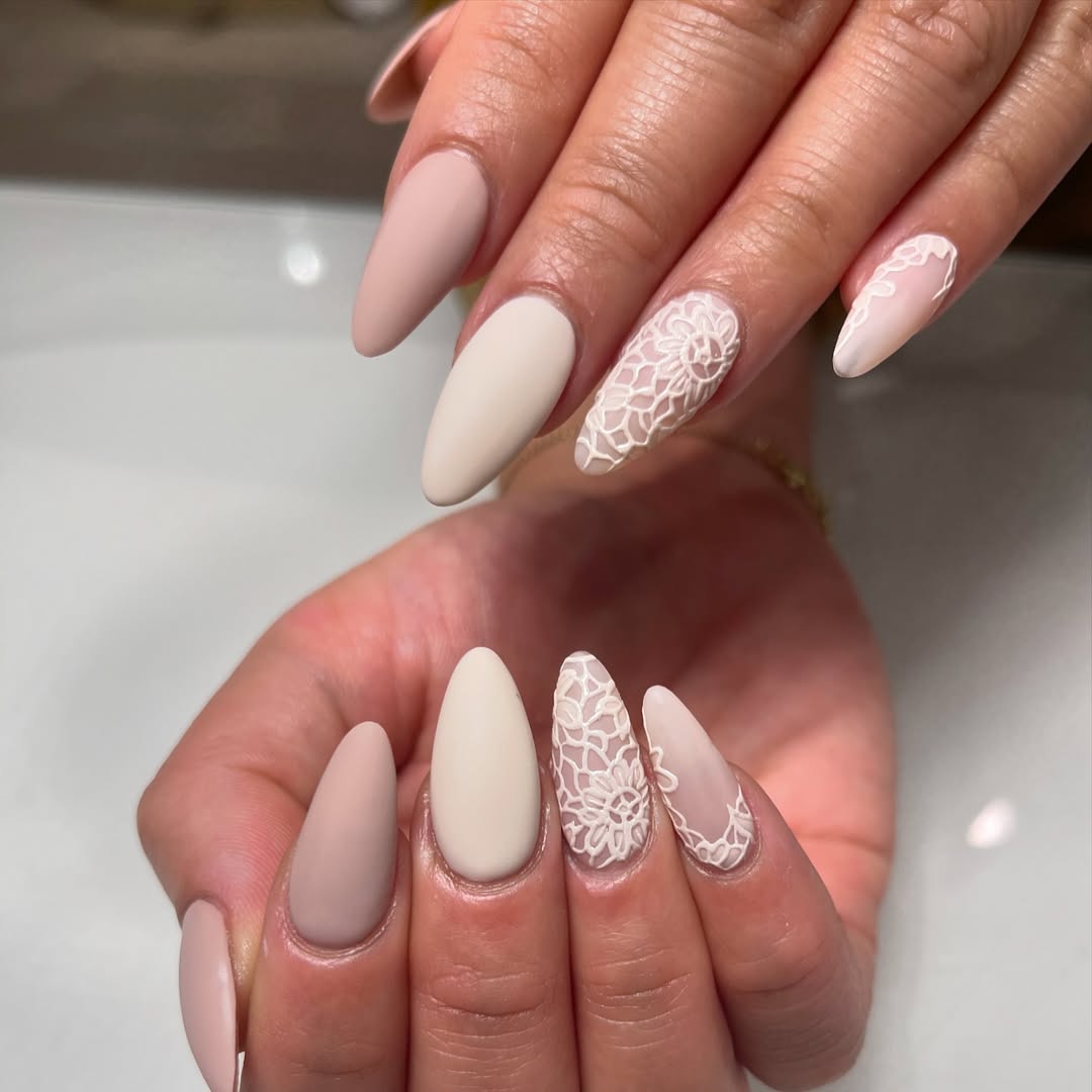 Matte Beige Nude Lace Accents Matte Beige Nude Lace Accents — Lace Nails
