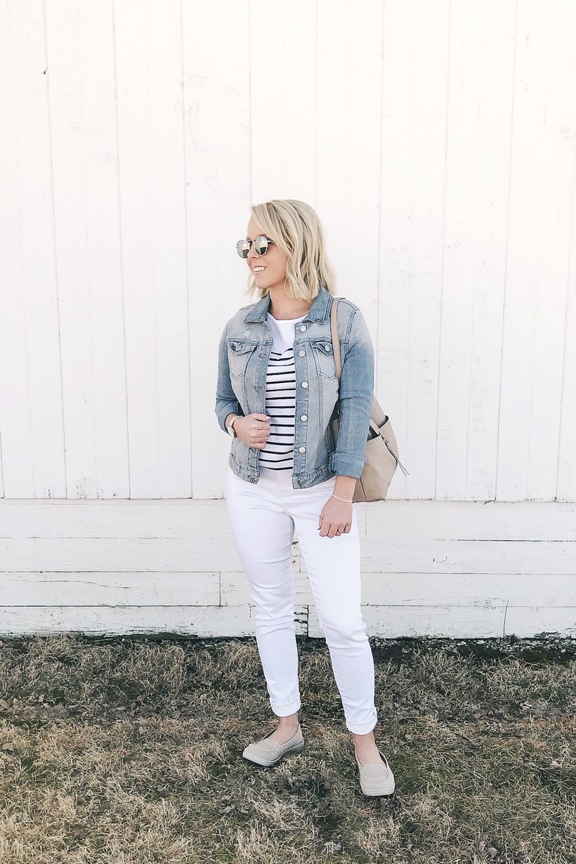 Denim Jacket Over Striped T-Shirt and White Jeans — Winter to Spring Transition Outfits