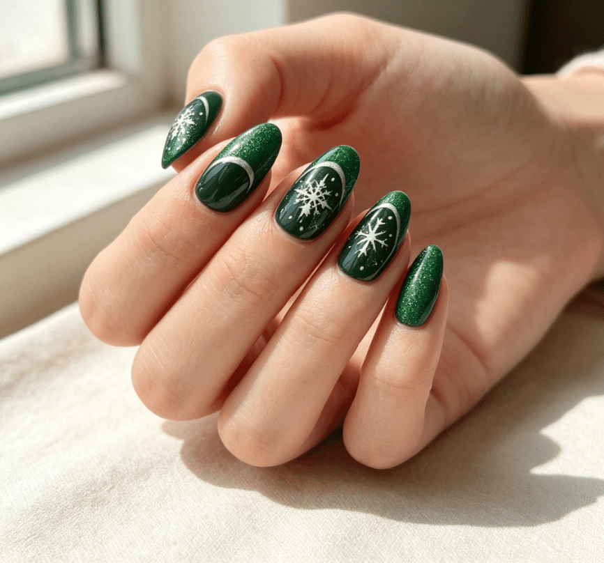 Deep Green Snowflake Moon Nails Deep Green Snowflake Moon Nails — Snowflake Nails