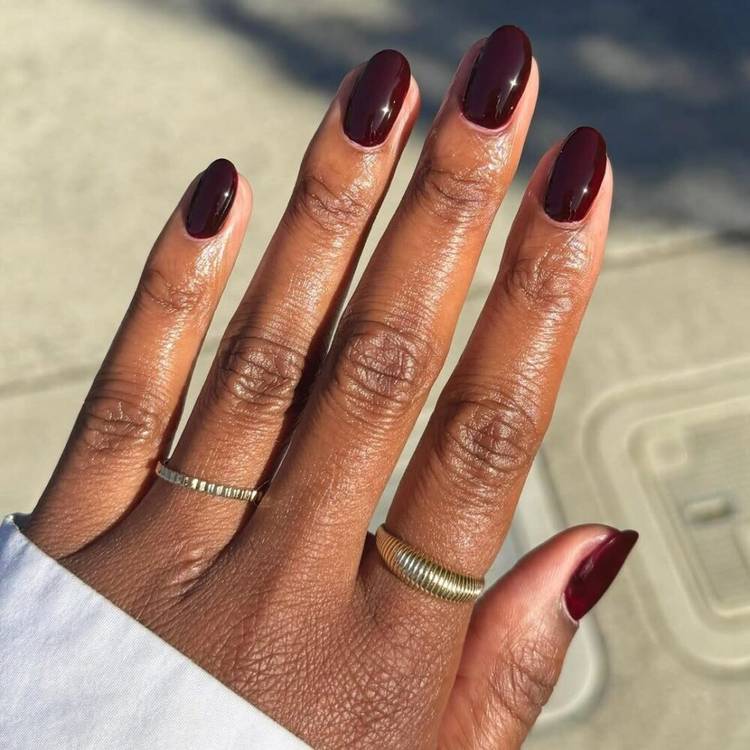 None Deep Glossy Burgundy Medium Oval Nails None Deep Glossy Burgundy Medium Oval Nails — Winter Nail Colors for Dark Skin