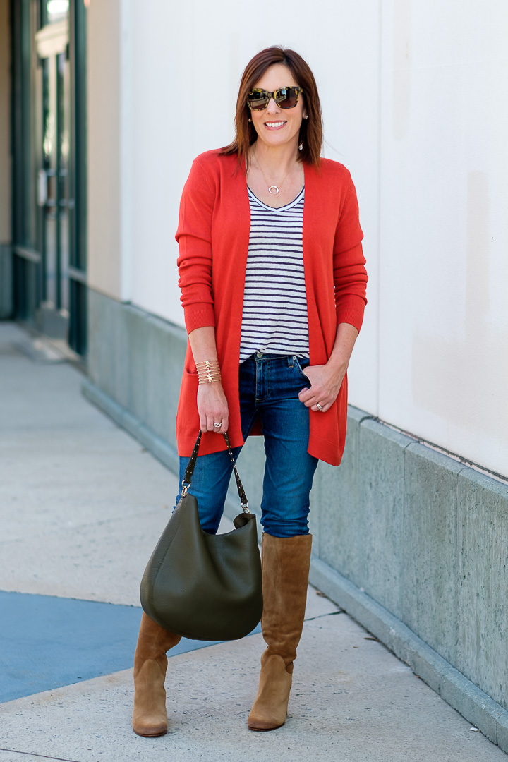 Vibrant Orange Cardigan with Striped Tee and Suede Boots — Cardigan Outfits