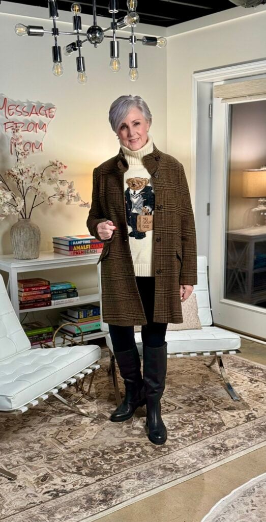 Playful Graphic Sweater with Plaid Coat Playful Graphic Sweater with Plaid Coat — Winter Outfits for Women Over 50