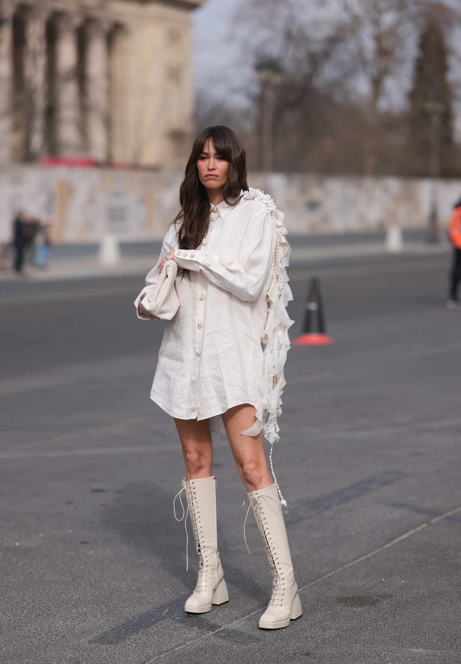 Ruffled Shirt Dress and Cream Lace-Up Slouchy Boots Ruffled Shirt Dress and Cream Lace-Up Slouchy Boots — Slouchy Boots Outfits