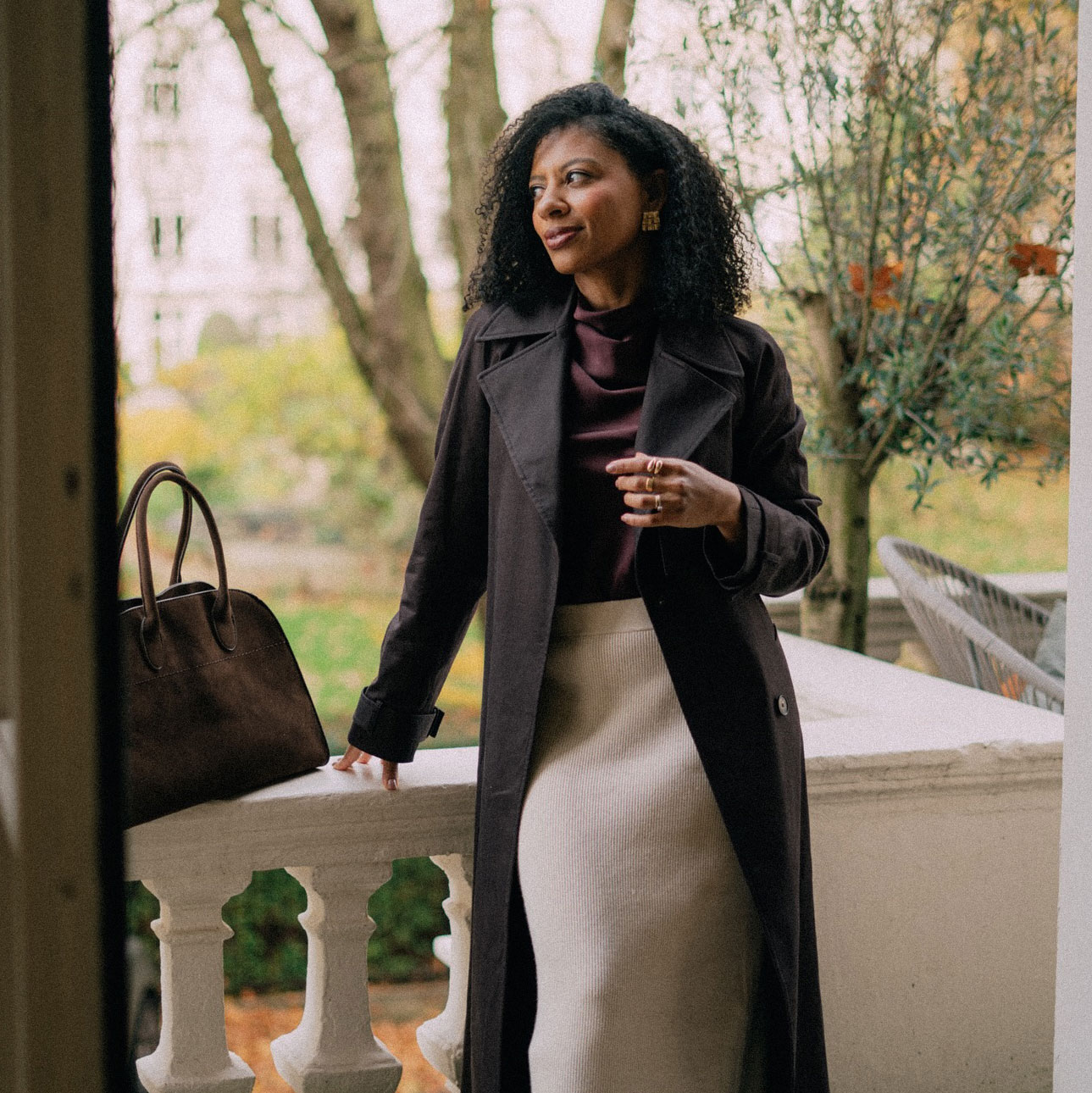 Dark Brown Trench Coat with Knit Skirt Dark Brown Trench Coat with Knit Skirt — Old Money Winter Outfits