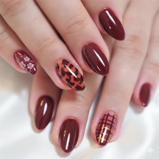 Burgundy with a Mix of Fall Patterns Burgundy with a Mix of Fall Patterns — Burgundy Nails