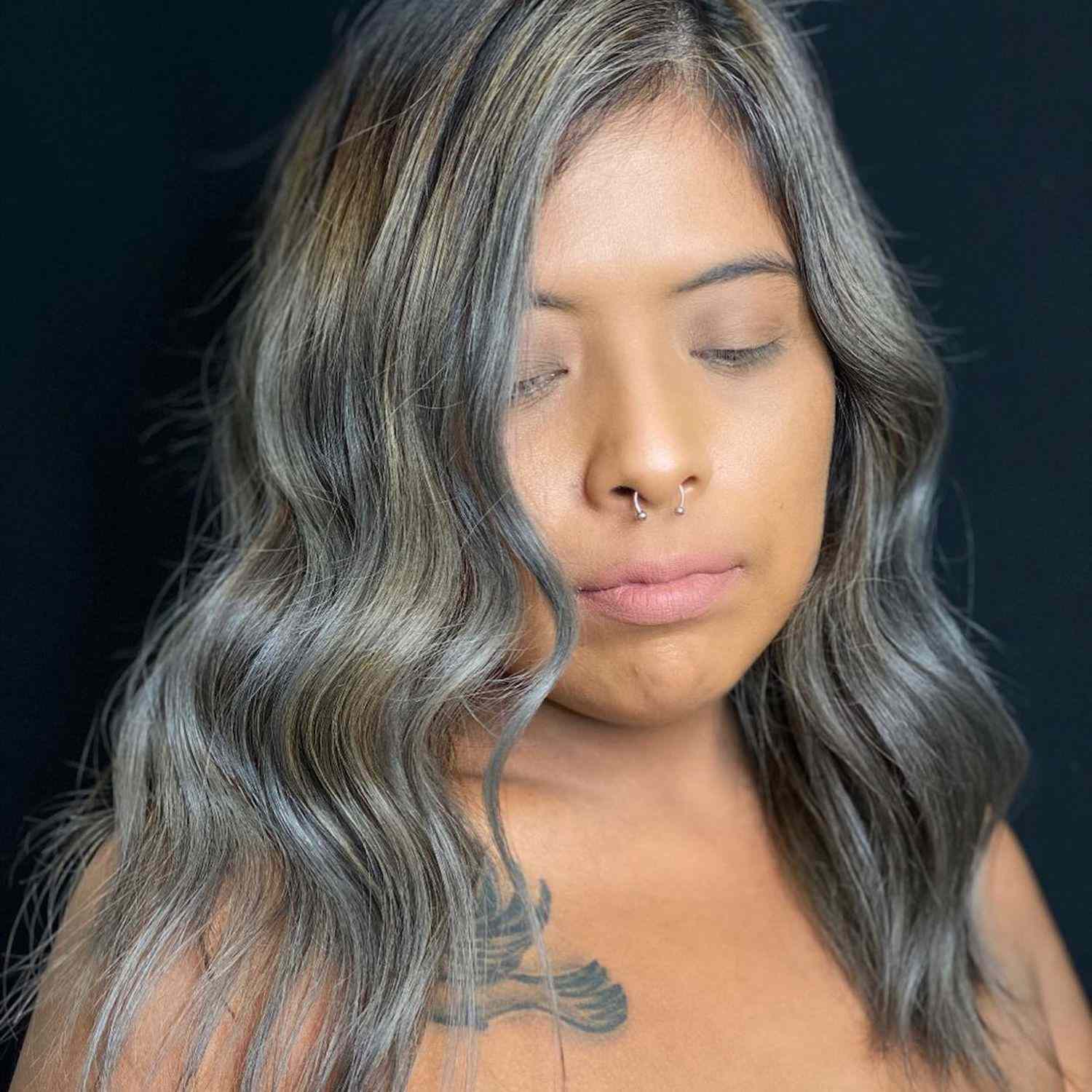 Collarbone Wavy Gray Blended Highlights — Gray Blending Highlights