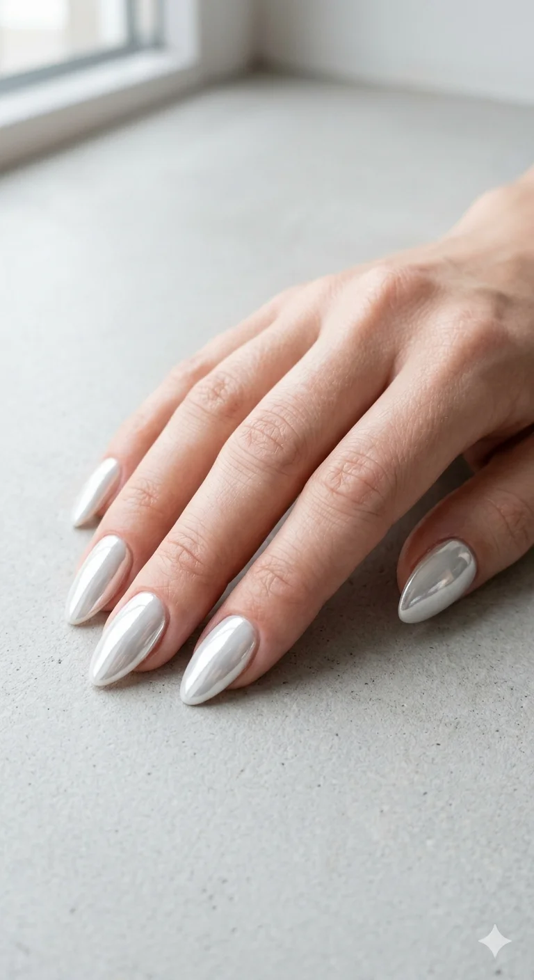 One Hand Bright Silver Chrome Stiletto One Hand Bright Silver Chrome Stiletto — Winter Chrome Nails