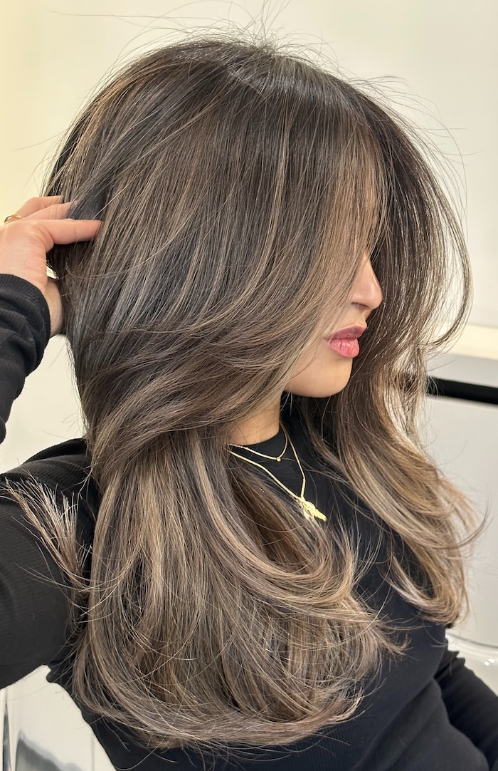 Mid-Back Ash Brown with Face-Framing Layers and Ash Blonde Balayage — Ash Brown Hair