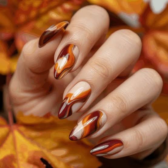 Marbled Orange and Brown Nails Marbled Orange and Brown Nails — Fall to Winter Nails