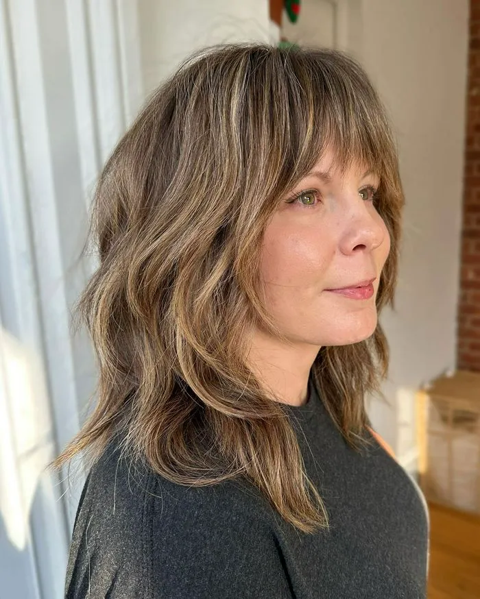 Ash Brown Lob With Curtain Bangs Ash Brown Lob With Curtain Bangs — Winter Hair Colors for Women Over 40