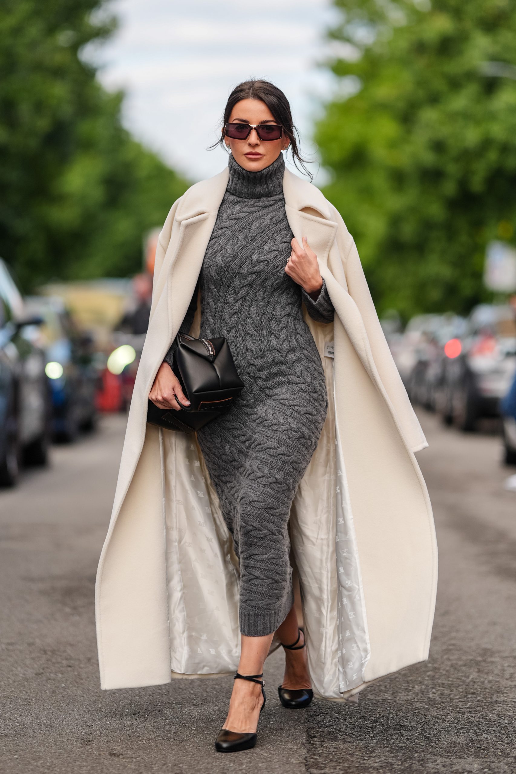 Oversized Cream Coat Over Cable-Knit Dress — Late Winter Outfits