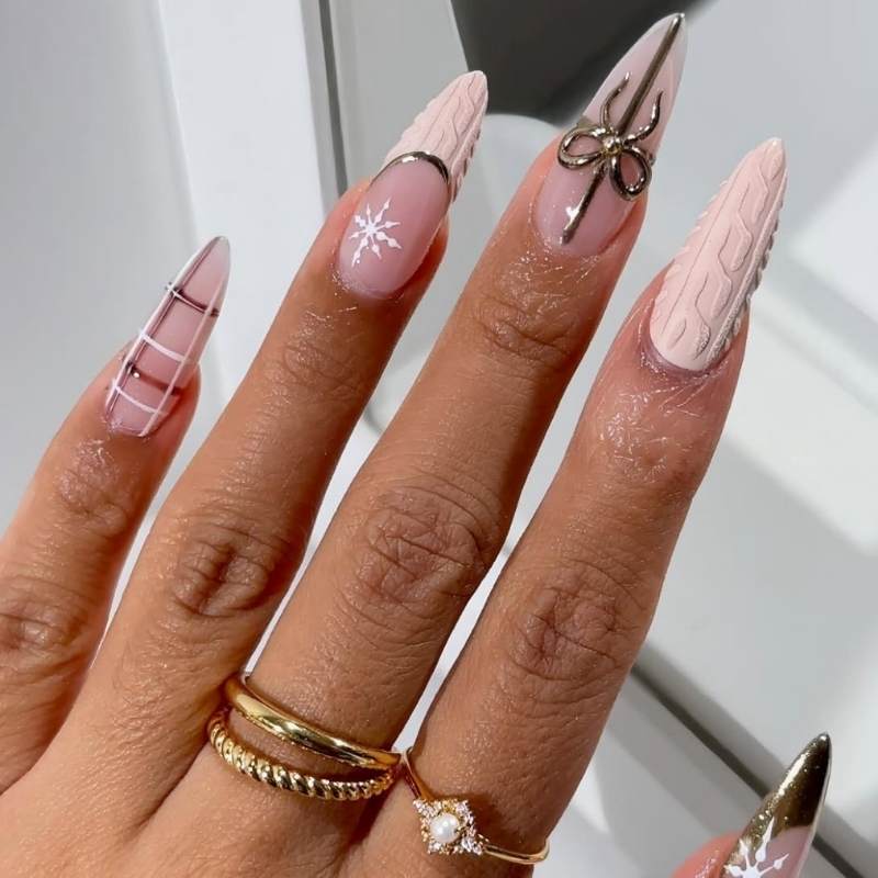 Nude Pink Stiletto With Plaid And Cable Knit Nude Pink Stiletto With Plaid And Cable Knit — Winter Stiletto Nails