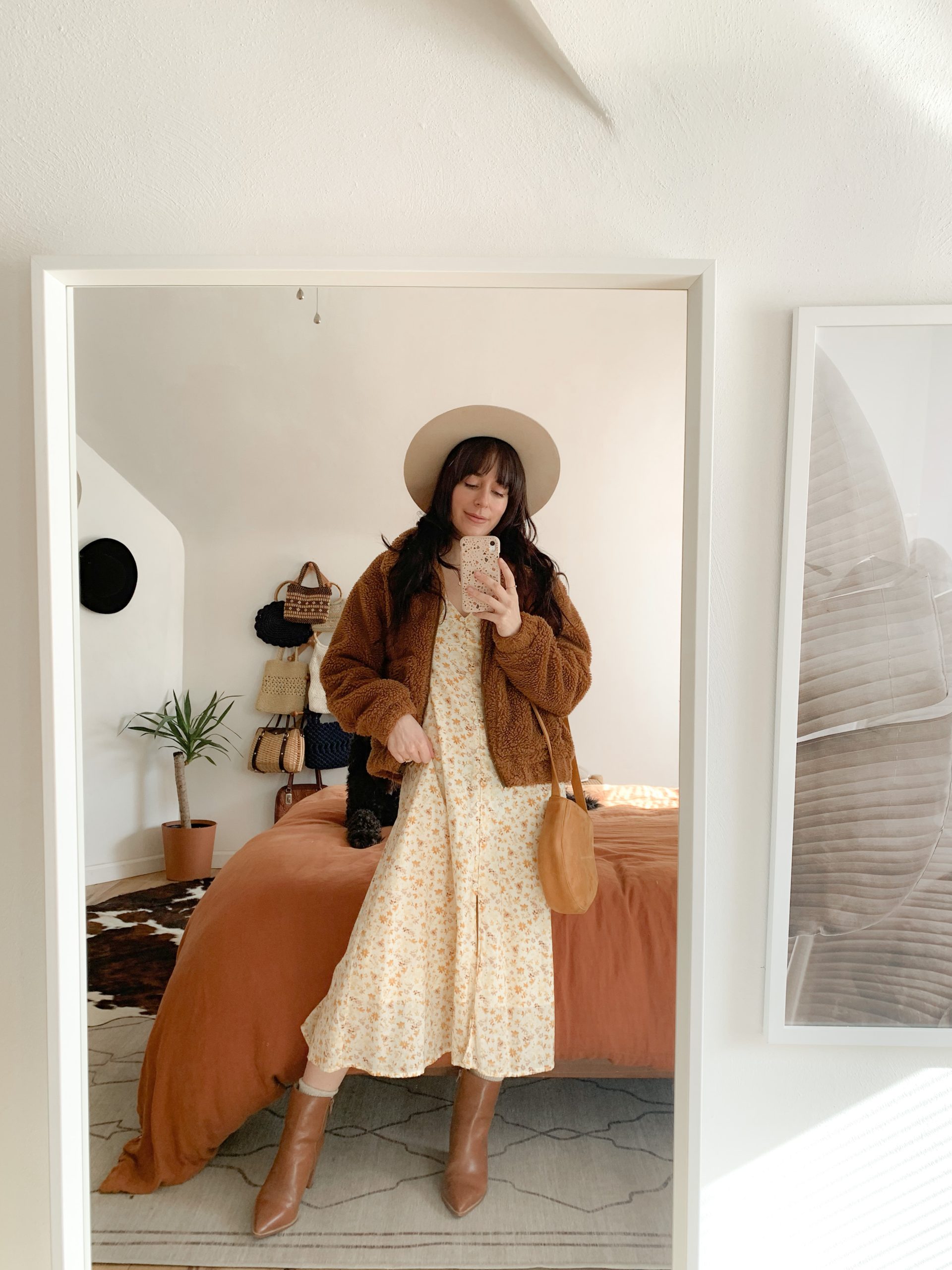 Feminine Casual: Brown Teddy Jacket with Floral Dress — Teddy Coat Outfits
