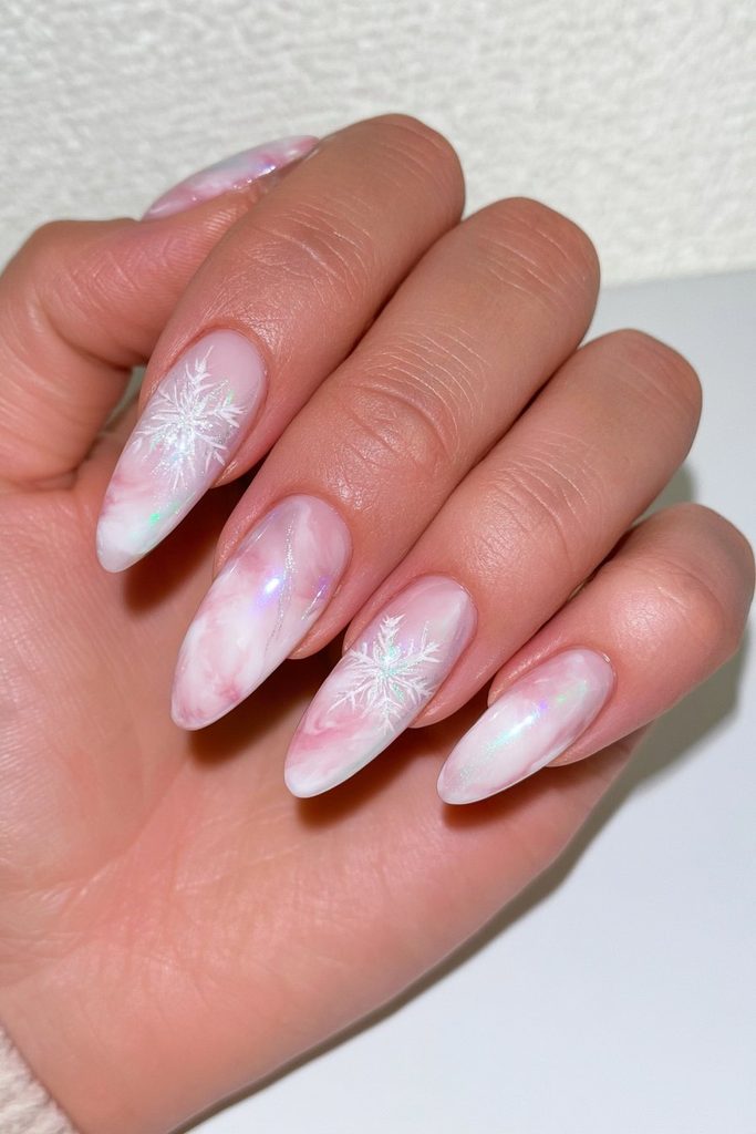 Pale Pink Snowflake Marble Stiletto Nails — Winter Marble Nails