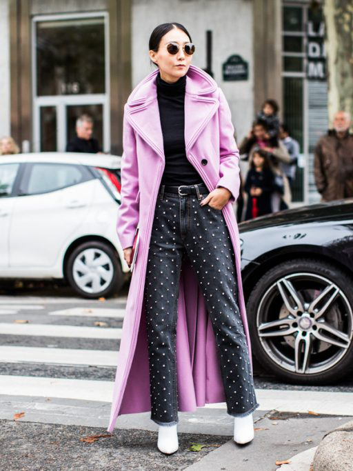 Elegant Pink Wool Coat Over Black Basics and Studded Jeans Elegant Pink Wool Coat Over Black Basics and Studded Jeans — Cute Winter Outfits