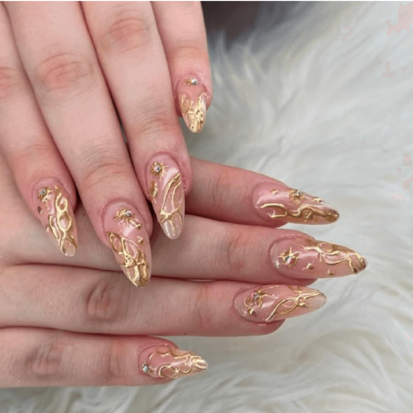 Long Stiletto Gold Filigree Rhinestone Nails Long Stiletto Gold Filigree Rhinestone Nails — Classy Winter Nails