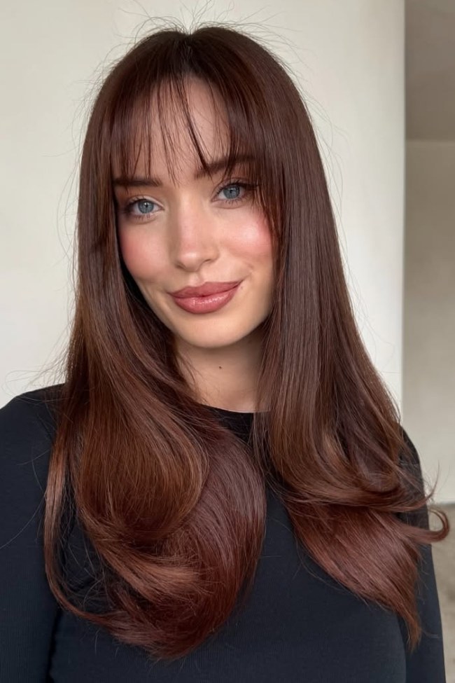 Solid Rich Chestnut With Wispy Fringe — Chestnut Brown Hair
