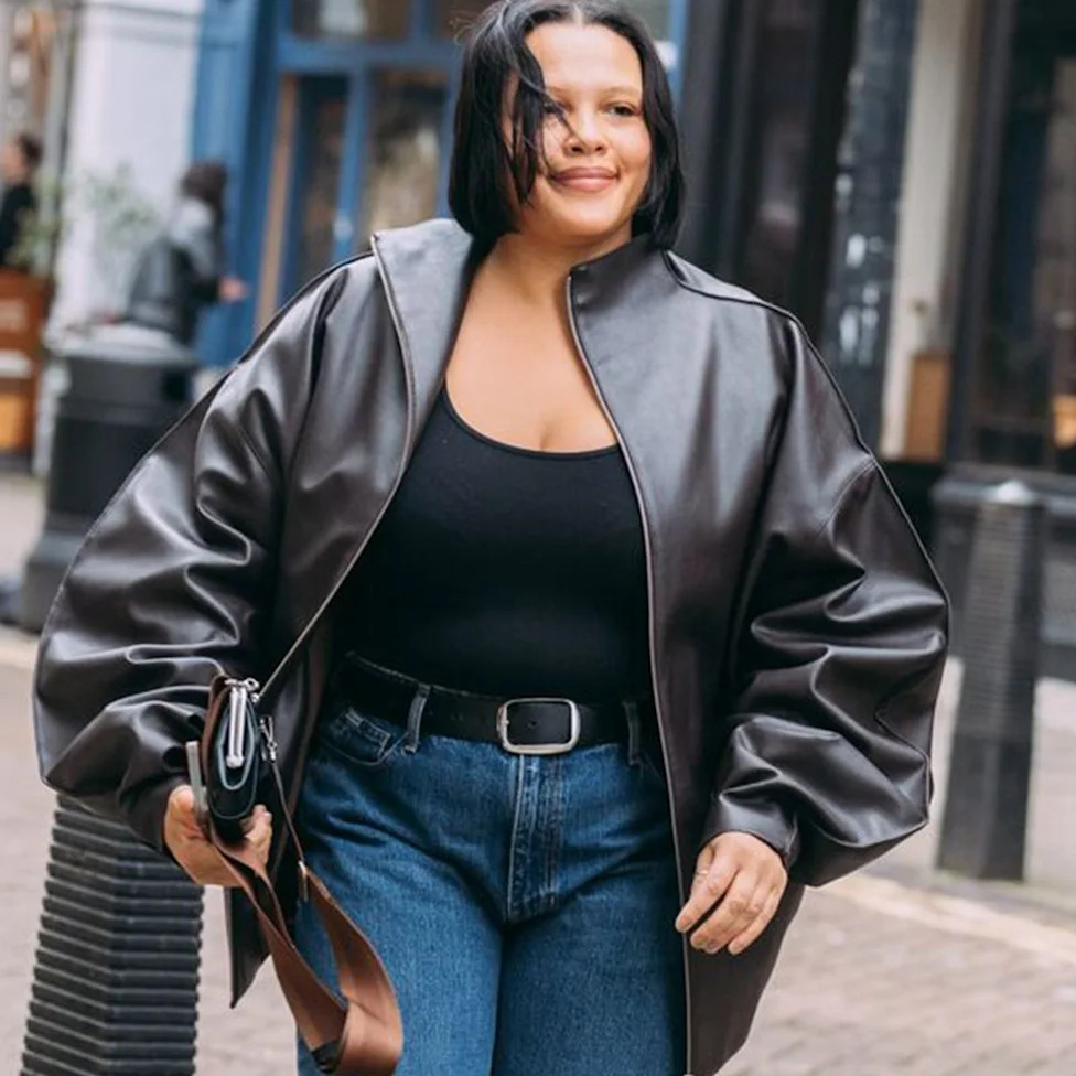 Brown Faux Leather Bomber Jacket Over a Black Top Brown Faux Leather Bomber Jacket Over a Black Top — winter outfits for black women