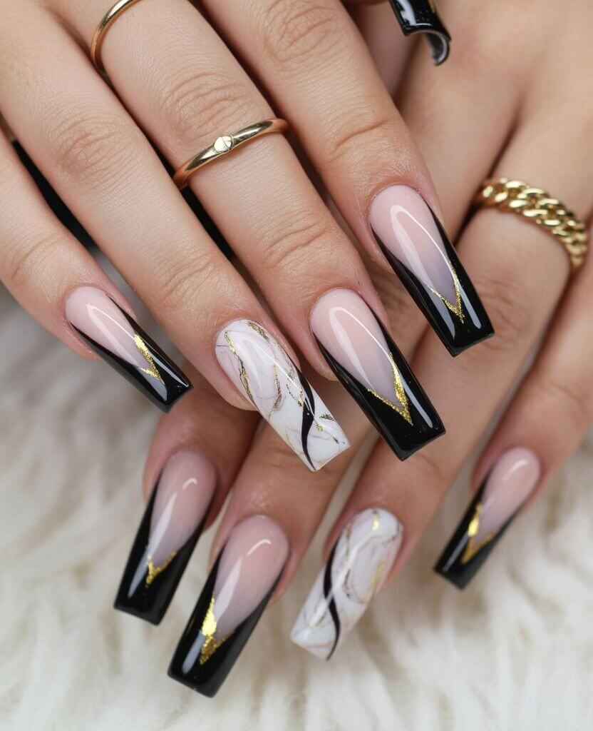 V-Tip Black French Coffin Nails V-Tip Black French Coffin Nails — Winter Black Nails