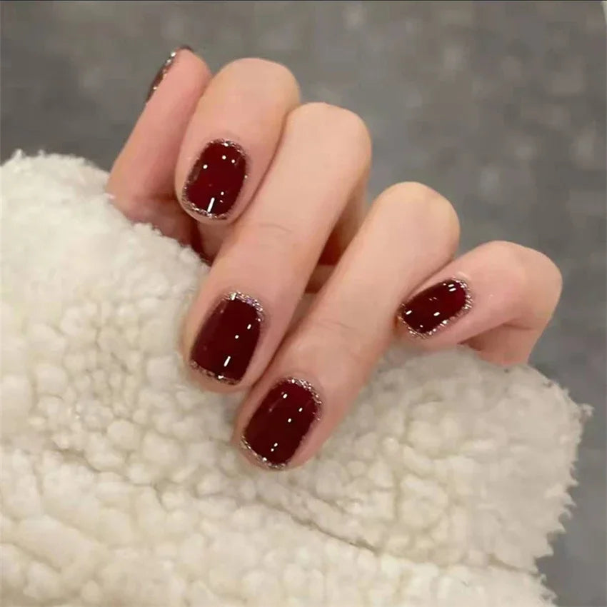 Short Square Burgundy with Glitter Cuticle Trim Short Square Burgundy with Glitter Cuticle Trim — Burgundy Nails