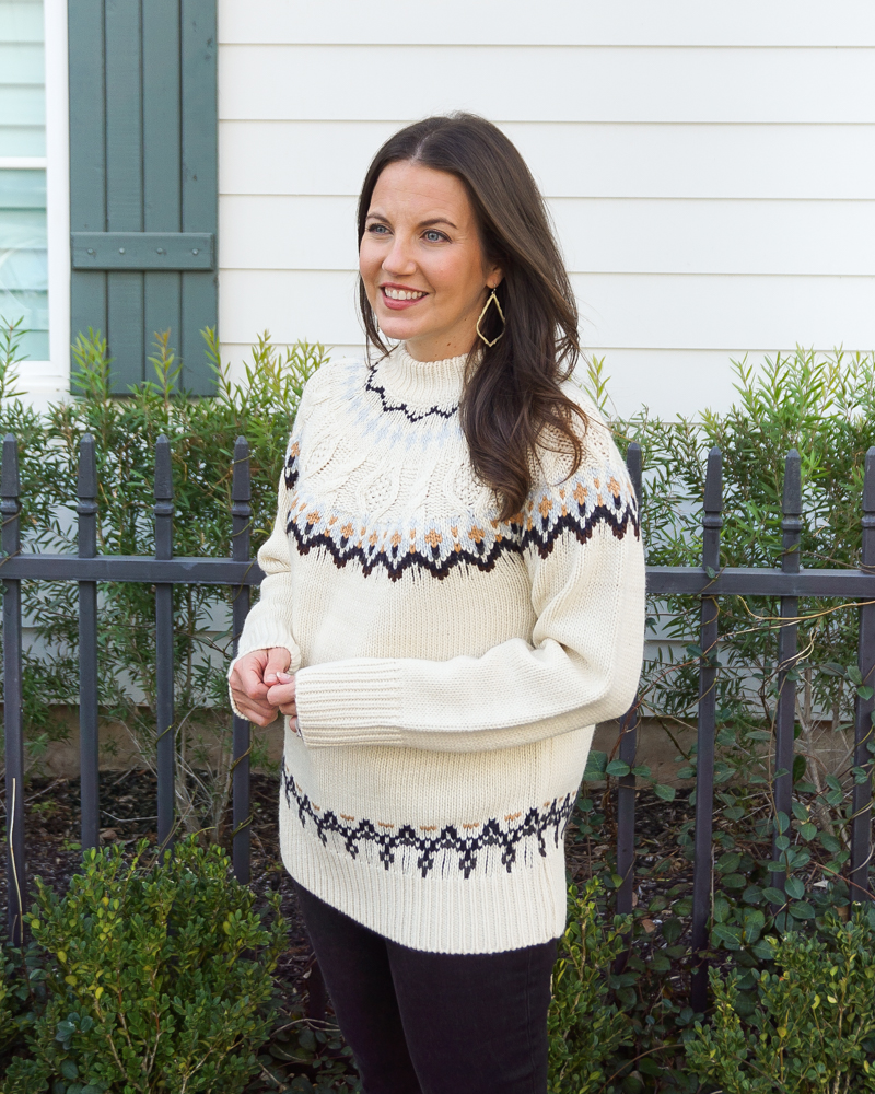 Ivory Fair Isle Mock Neck Sweater with Black Pants Ivory Fair Isle Mock Neck Sweater with Black Pants — Fair Isle Sweater Outfits