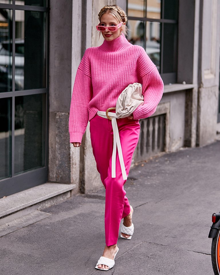 Hot Pink Oversized Turtleneck Sweater with Tailored Trousers — Oversized Sweater Outfits