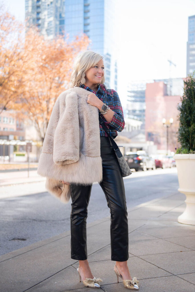 Chic Plaid Shirt and Leather Pants with Faux Fur Accent — Nashville Winter Outfits