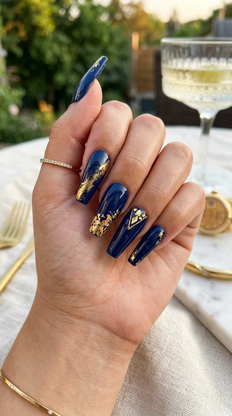 Long Coffin Navy with Gold Foil Long Coffin Navy with Gold Foil — Navy Blue Nails