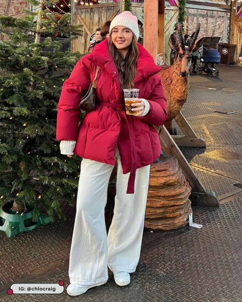 Festive Flair: Bold Red Belted Puffer with Wide-Leg Trousers — Winter Puffer Jacket Outfits