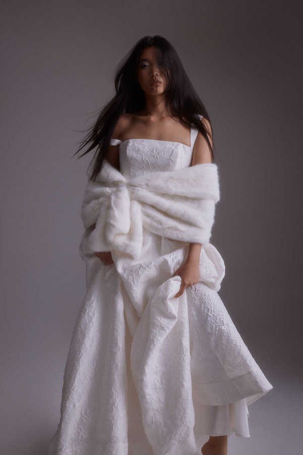 Ivory Jacquard Ball Gown with Faux Fur Stole Ivory Jacquard Ball Gown with Faux Fur Stole — Winter Formal Dresses