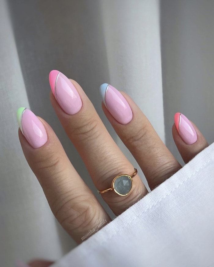 Playful Multi-Color French Tip Almonds Playful Multi-Color French Tip Almonds — almond nail designs