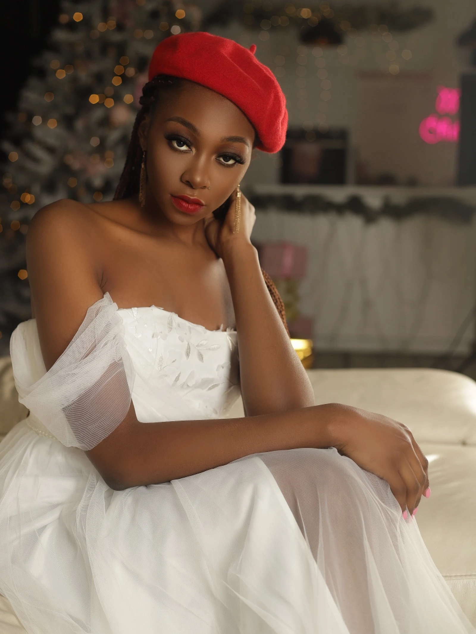 Elegant Off-the-Shoulder Dress with a Red Beret Elegant Off-the-Shoulder Dress with a Red Beret — Beret Outfits