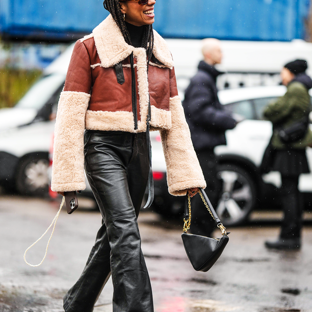 Cozy Winter Style: Flared Leather Pants with a Shearling Jacket — Leather Pants Outfits