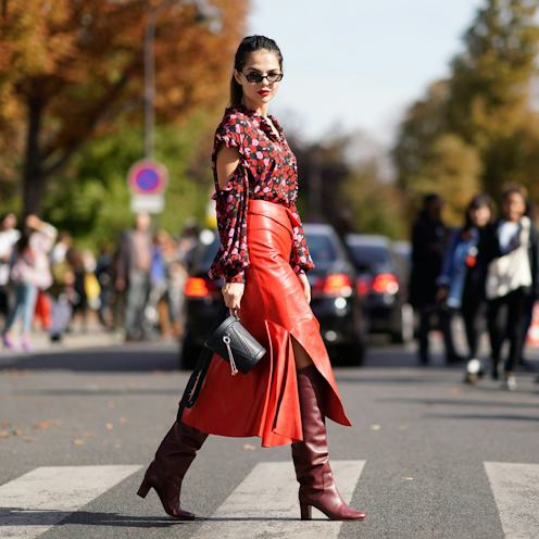 Bold Red: Cold Shoulder Blouse and Leather Skirt with Burgundy Boots Bold Red: Cold Shoulder Blouse and Leather Skirt with Burgundy Boots — Slouchy Boots Outfits