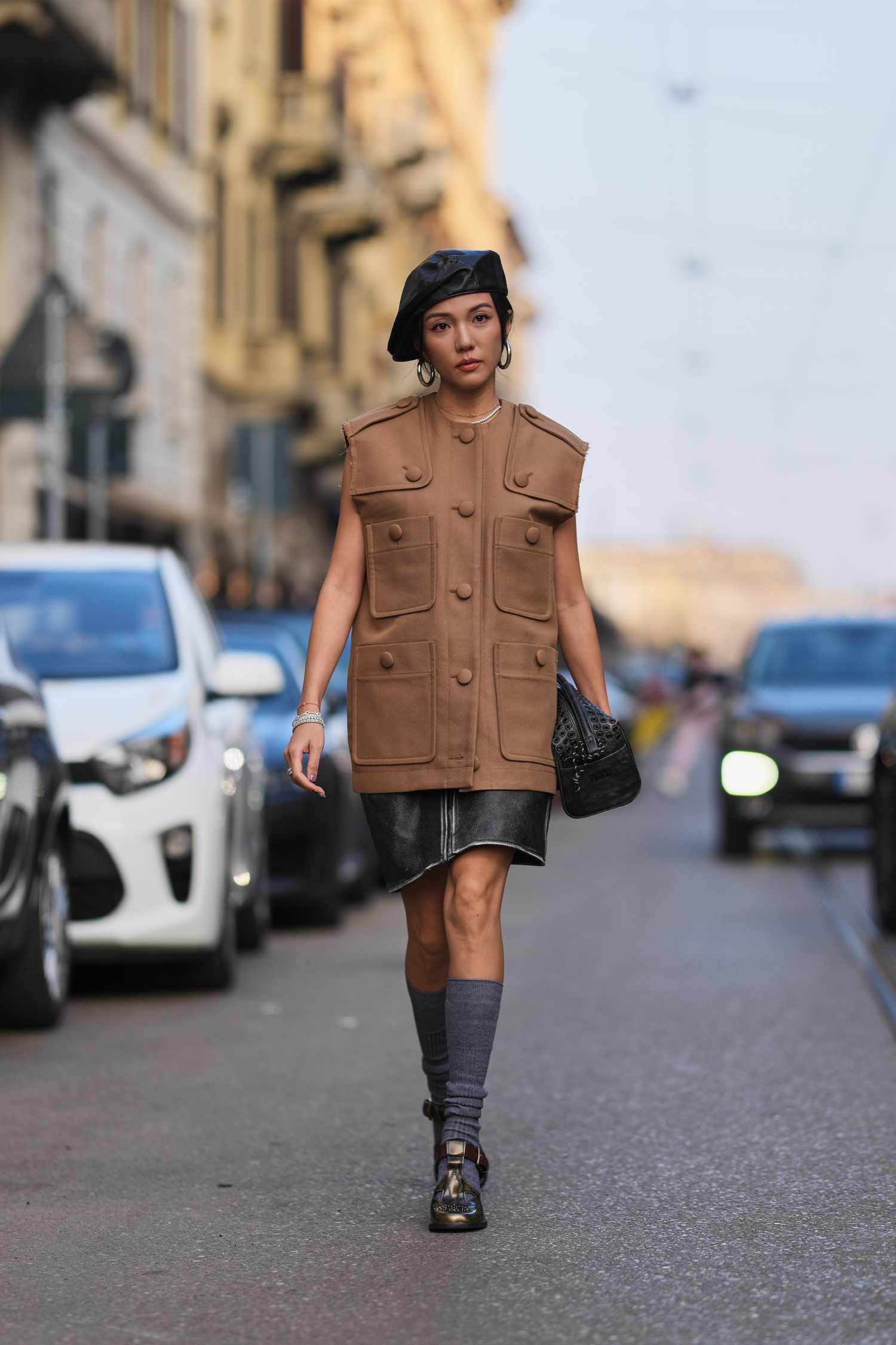 Utility Vest with Leather Mini Skirt and Socks — Winter to Spring Transition Outfits