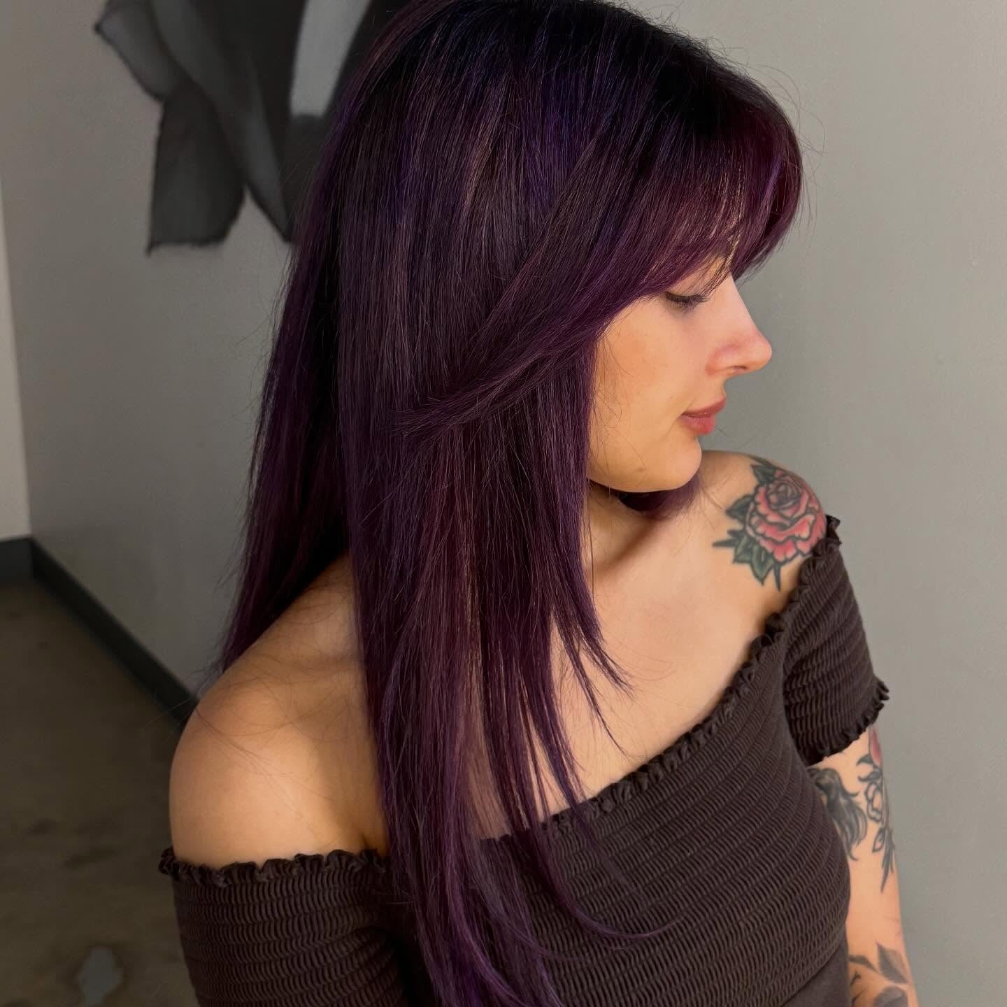 Long Layered Plum With Violet Undertones — Plum Hair Color
