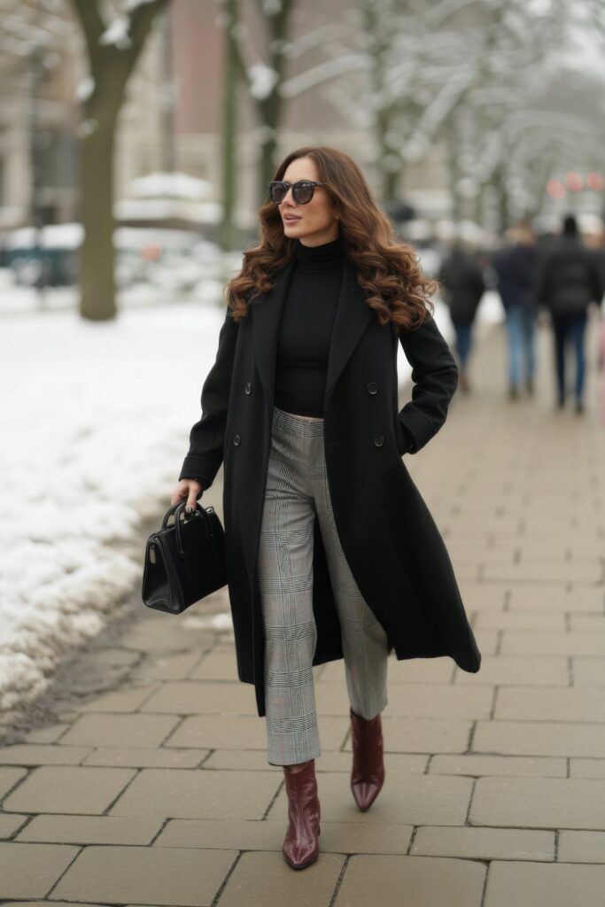 Chic Black Coat with Burgundy Accents — Preppy Winter Outfits